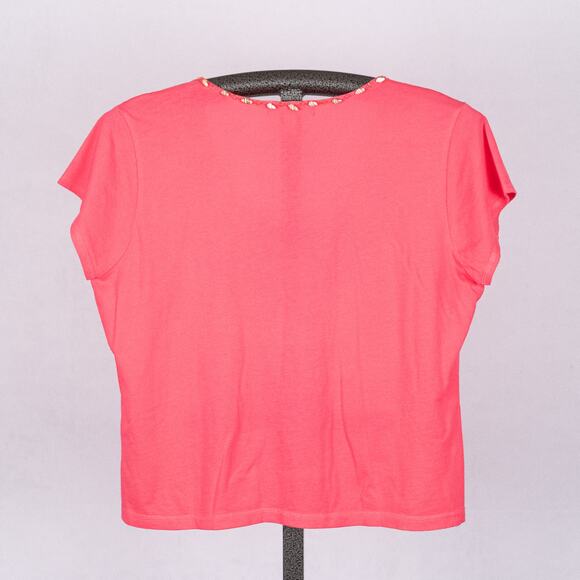 Sigrid Olsen Cotton Knit Top T-Shirt PETITE LARGE Pink Beaded Shell Accent Artsy - Picture 3 of 5